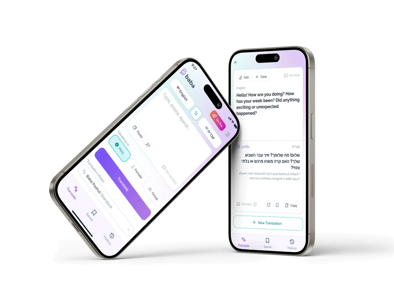 Baba Hebrew translation app showing gender-mode selection before translating