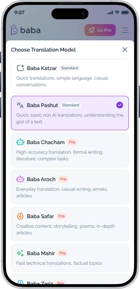 Baba choosing between AI translation models