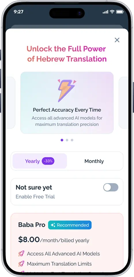 Baba Pro subscription screen