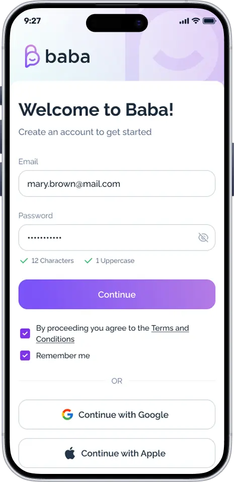 Baba account sign-up screen