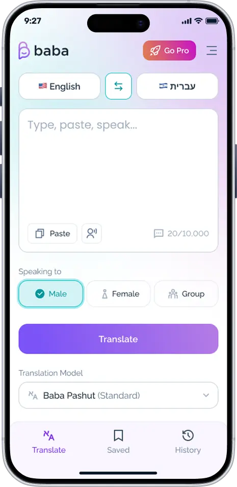 Baba translation and history screens on iOS and Android