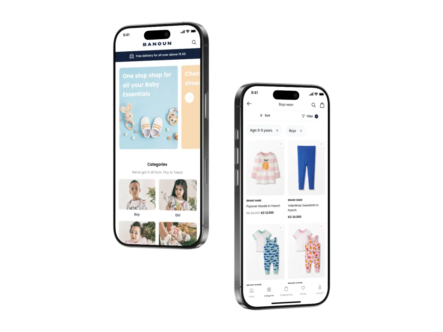 Banoun kids fashion shopping app home screen on iOS and Android