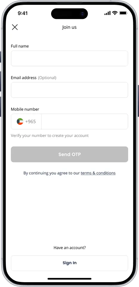 Banoun sign-up screen