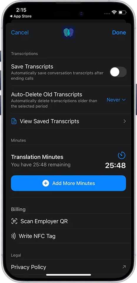 Careslate transcripts and settings