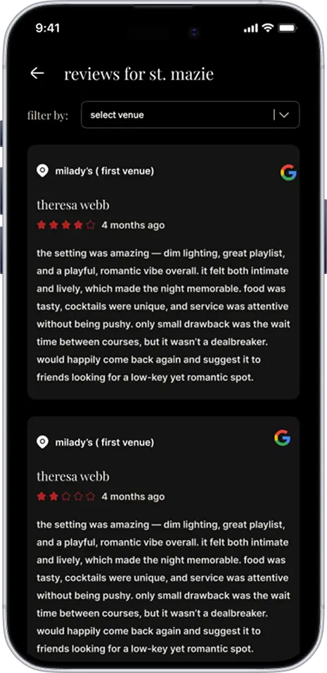 IDCU filtered venue reviews