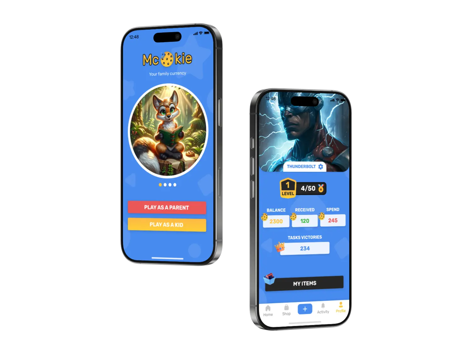 Mcookie family chore reward app showing a kid hero and cookie balance