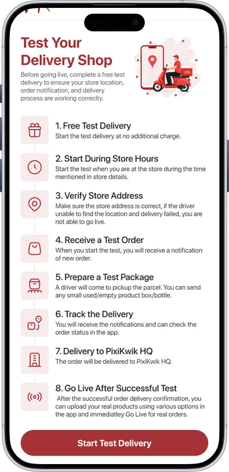 PixiKwik vendor test delivery
