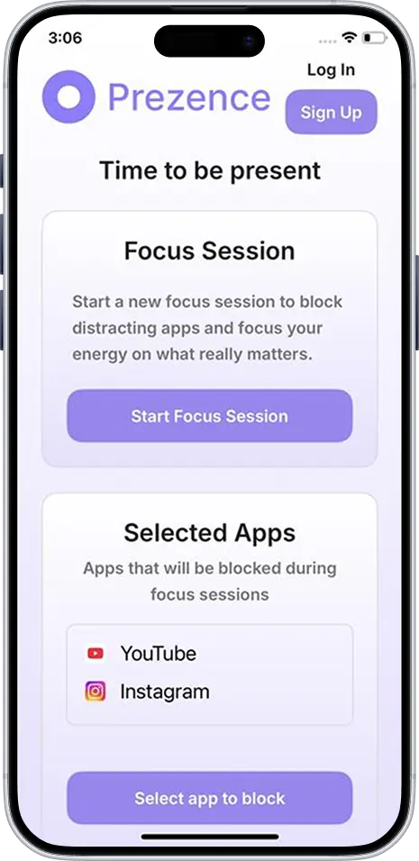 Prezence focus session and blocking overview screen