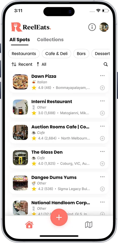 ReelEats spot list and map discovery screens