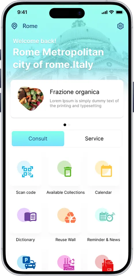 Riciclario dashboard, schedule and scan screens