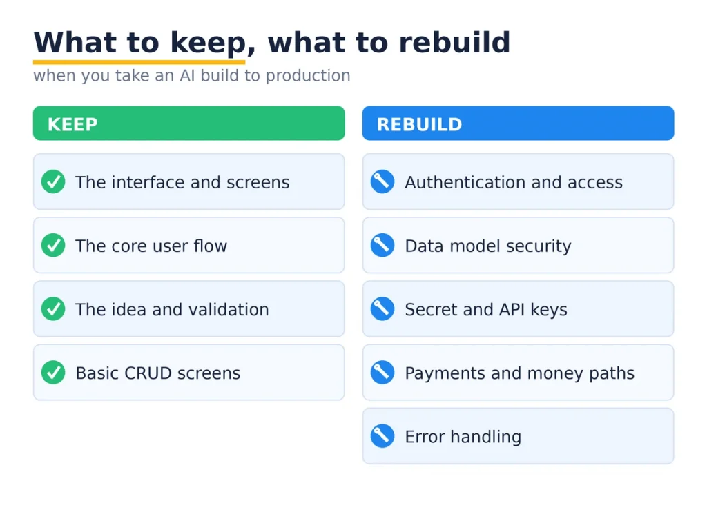 What to keep and what to rebuild when taking an AI-built app to production.