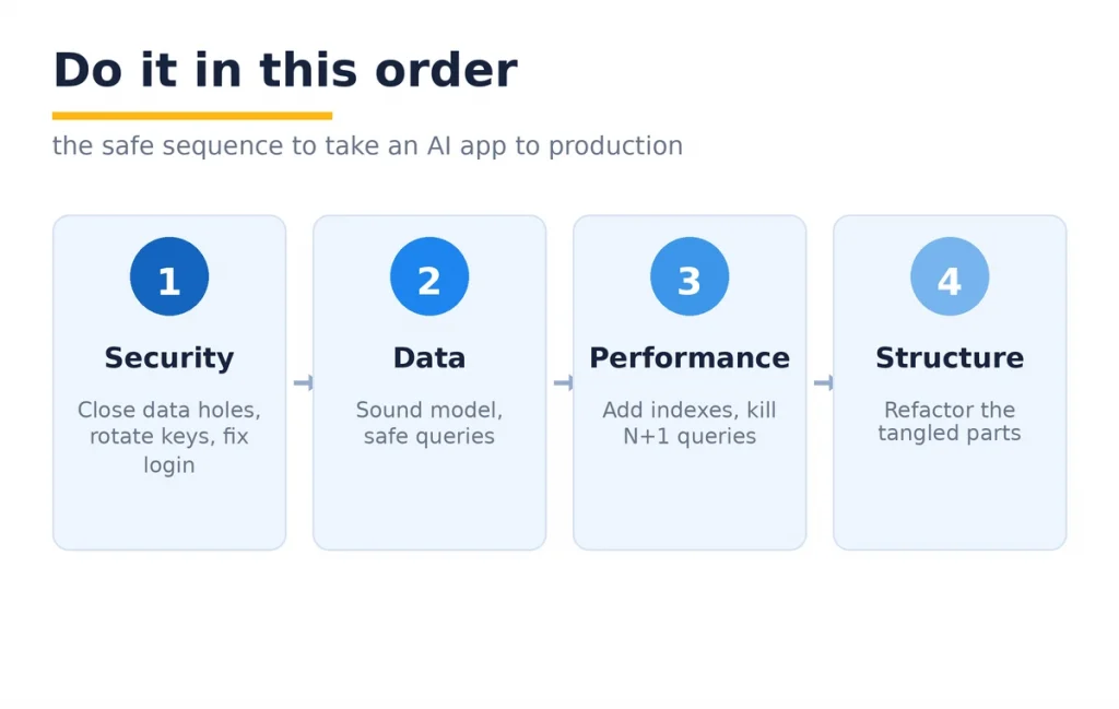 The order to take an AI app to production: security, data, performance, structure.