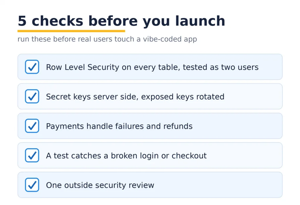Five checks before launching a vibe-coded app.