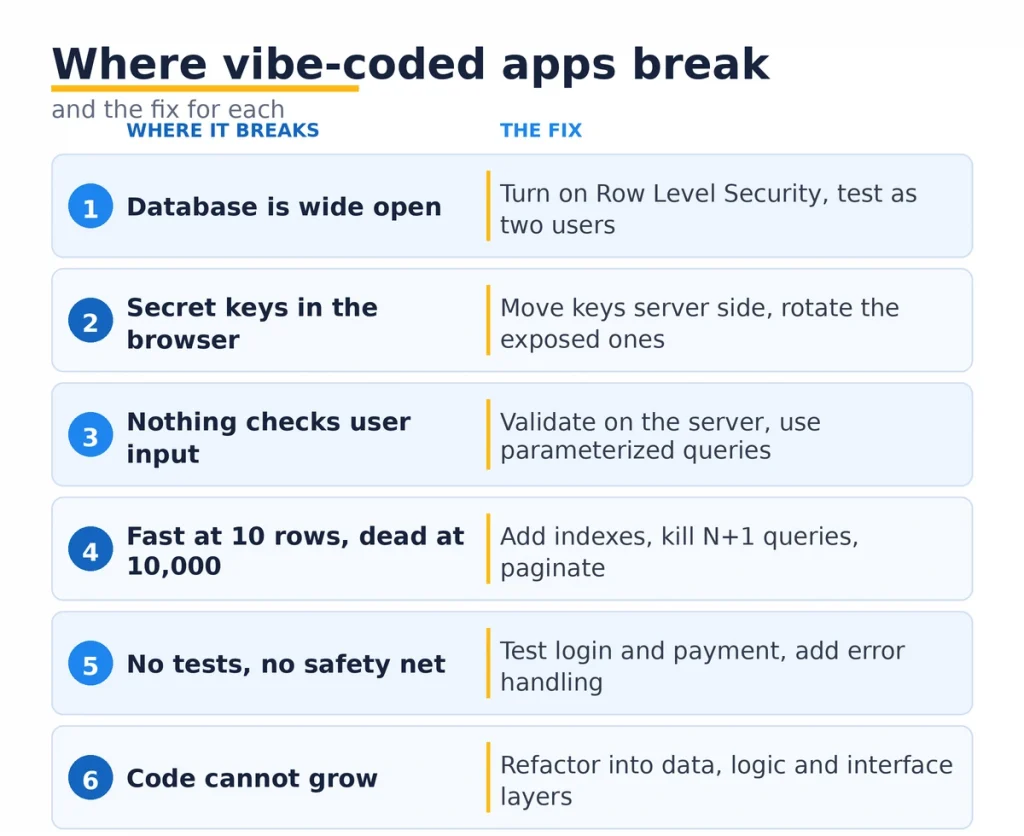 Six places vibe-coded apps break: data access, secrets, input validation, performance, tests, architecture.