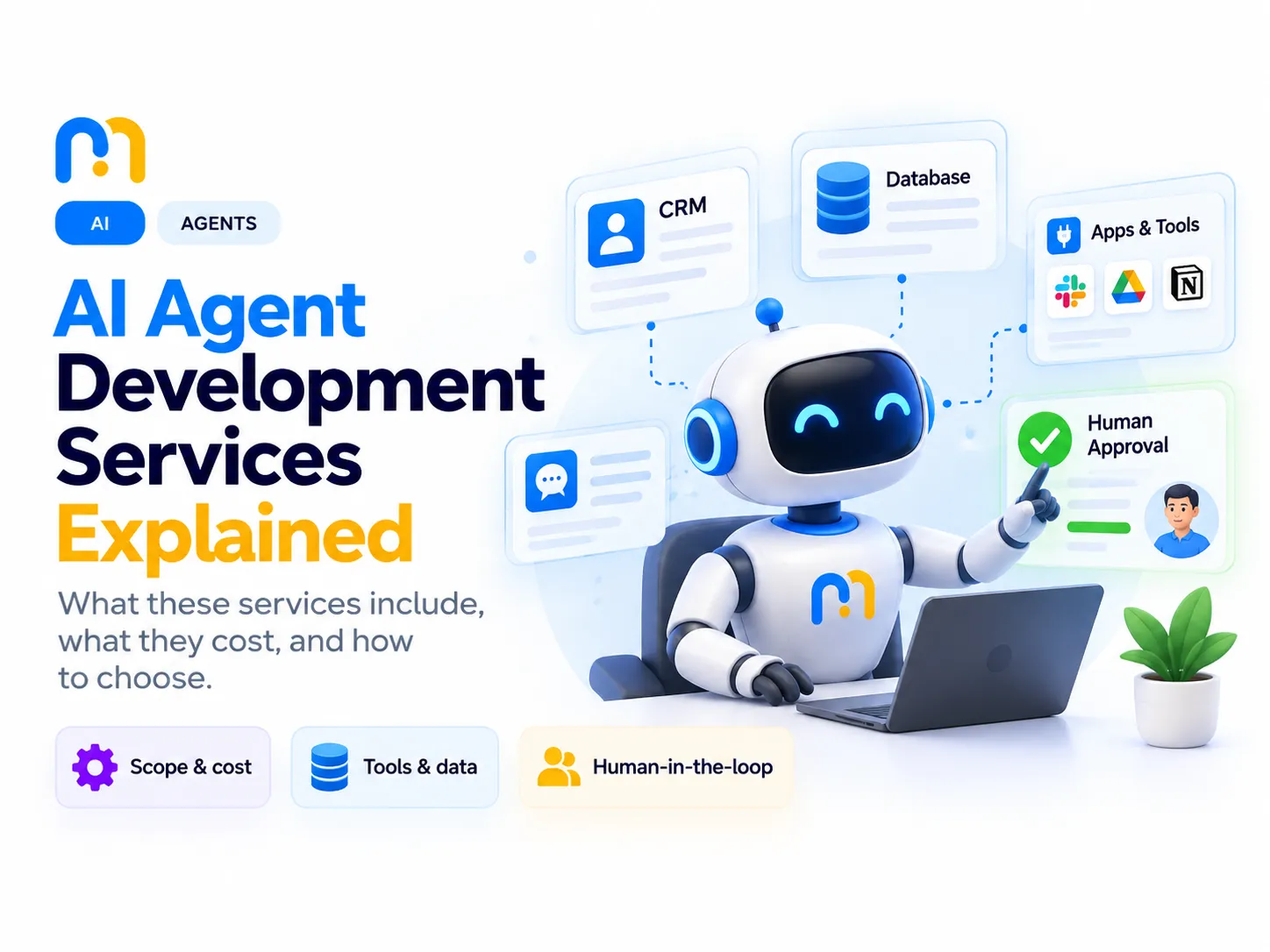 AI agent development services illustration showing an AI agent using business tools and data, by Mobilions