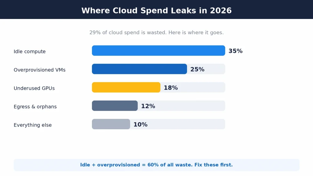 Chart showing where cloud spend leaks in 2026 for cloud cost optimization by Mobilions